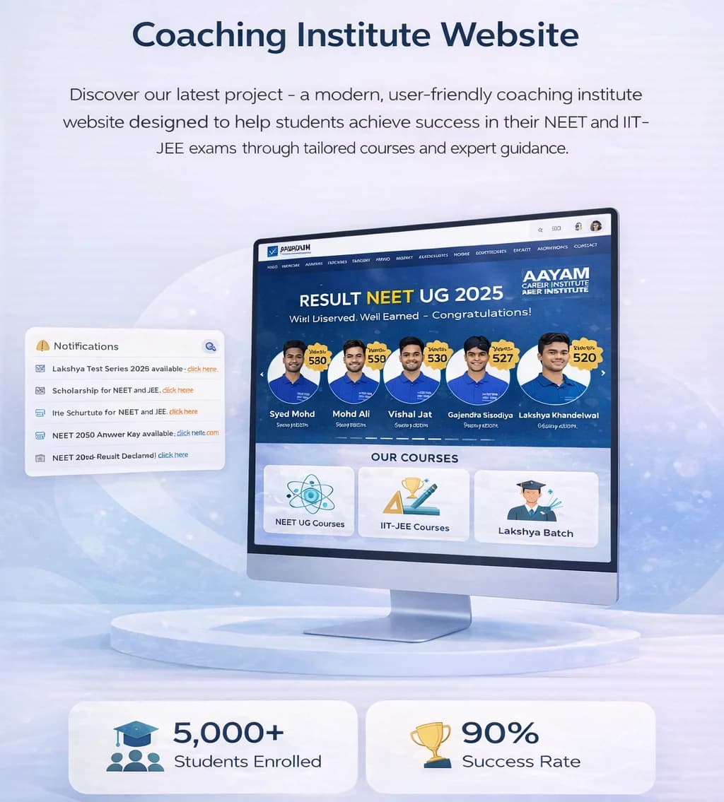 Coaching institute website built by Hexaloop showing course listings and student results