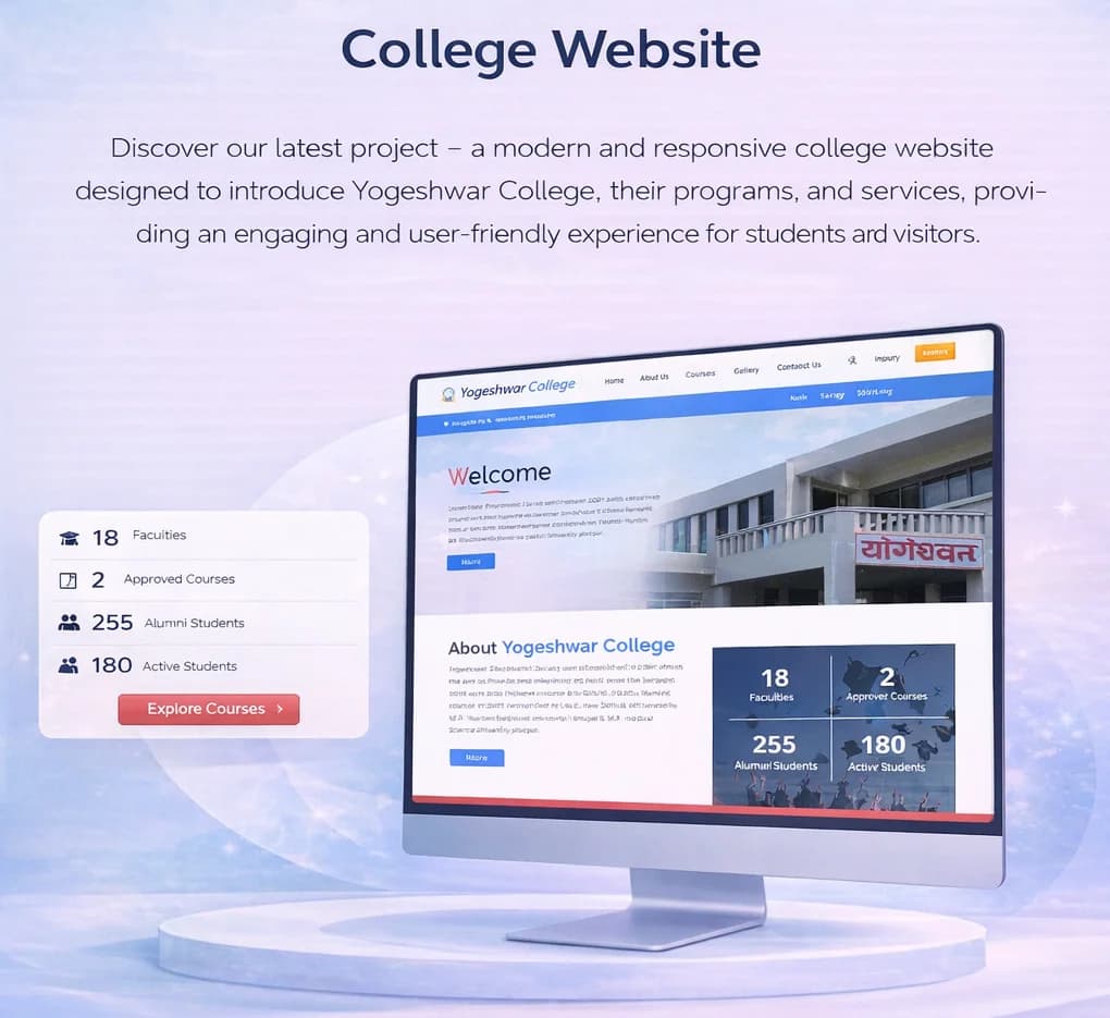 College website built by Hexaloop showing faculties, courses and alumni statistics