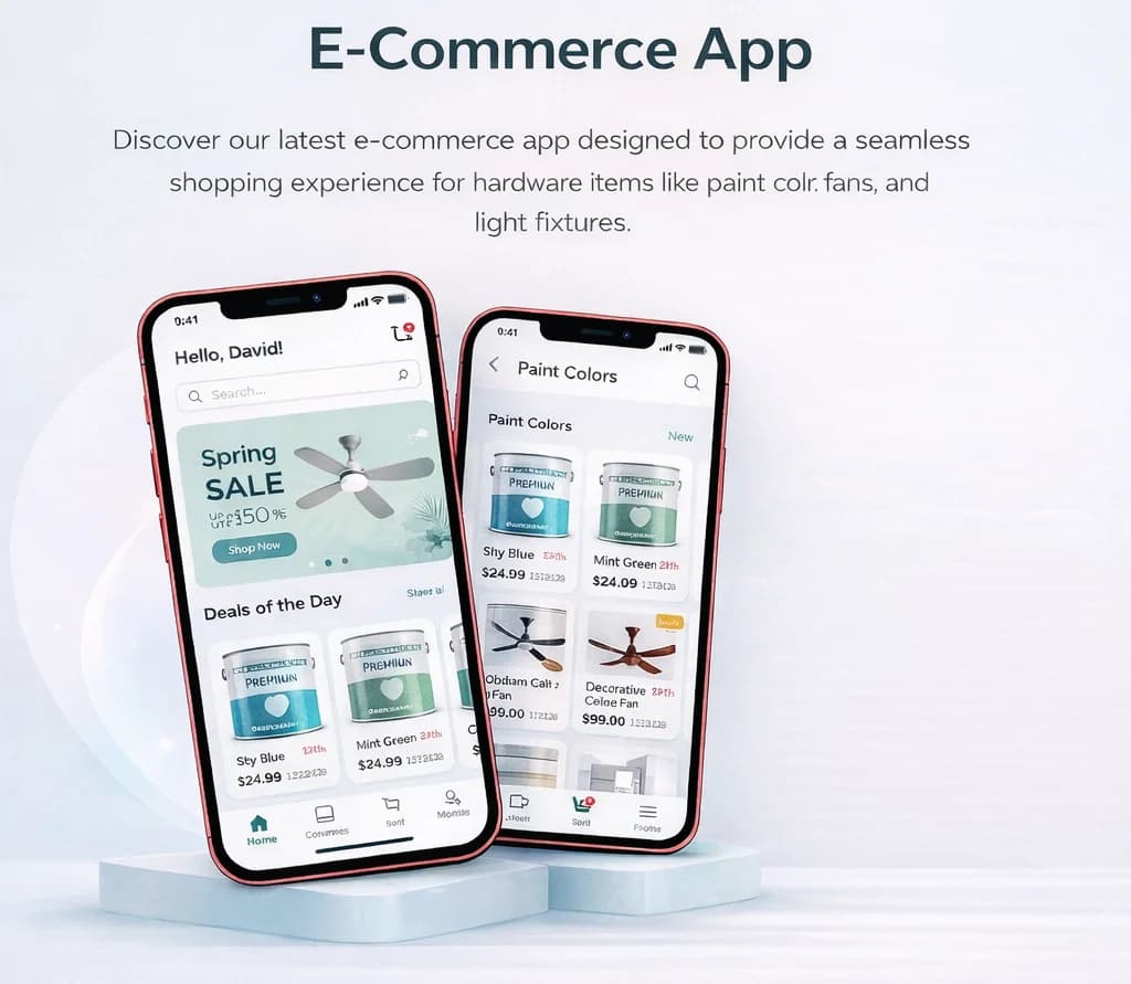 Hardware e-commerce mobile app built by Hexaloop showing product catalogue and daily deals