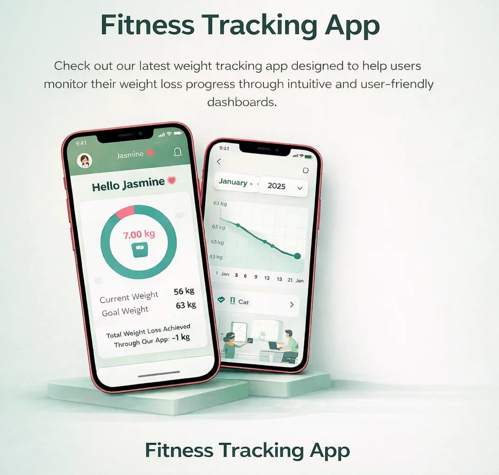 Fitness and weight tracking app built by Hexaloop showing progress charts