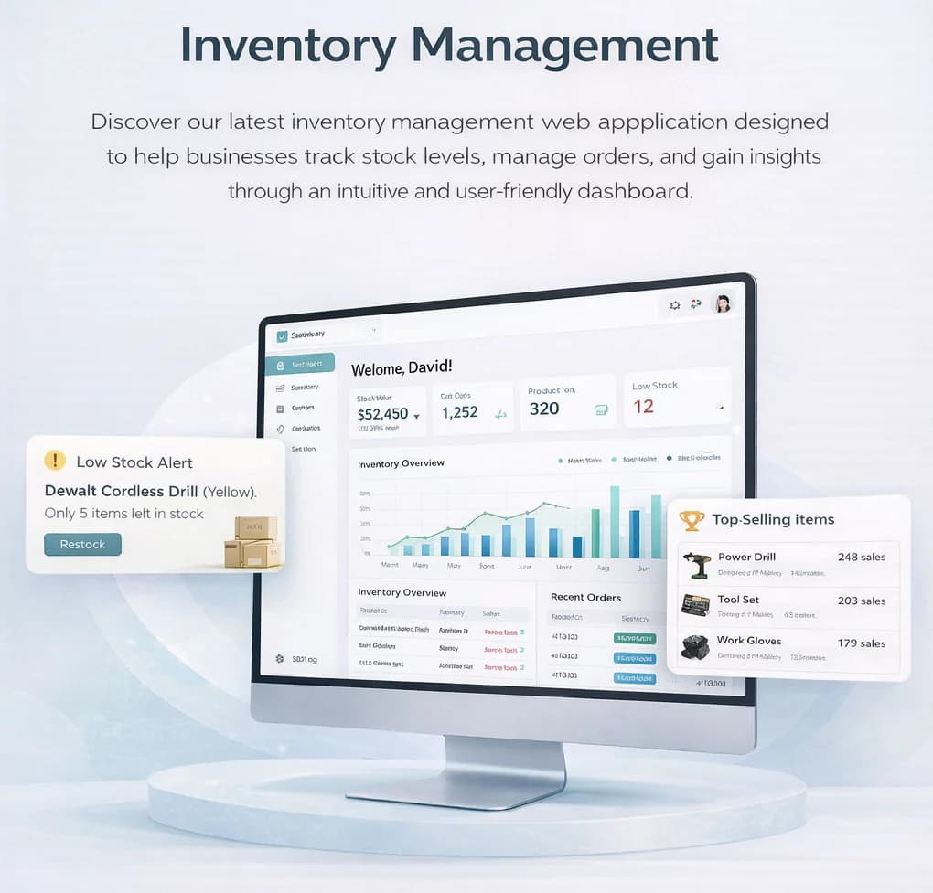 Inventory management dashboard built by Hexaloop showing stock value and order analytics